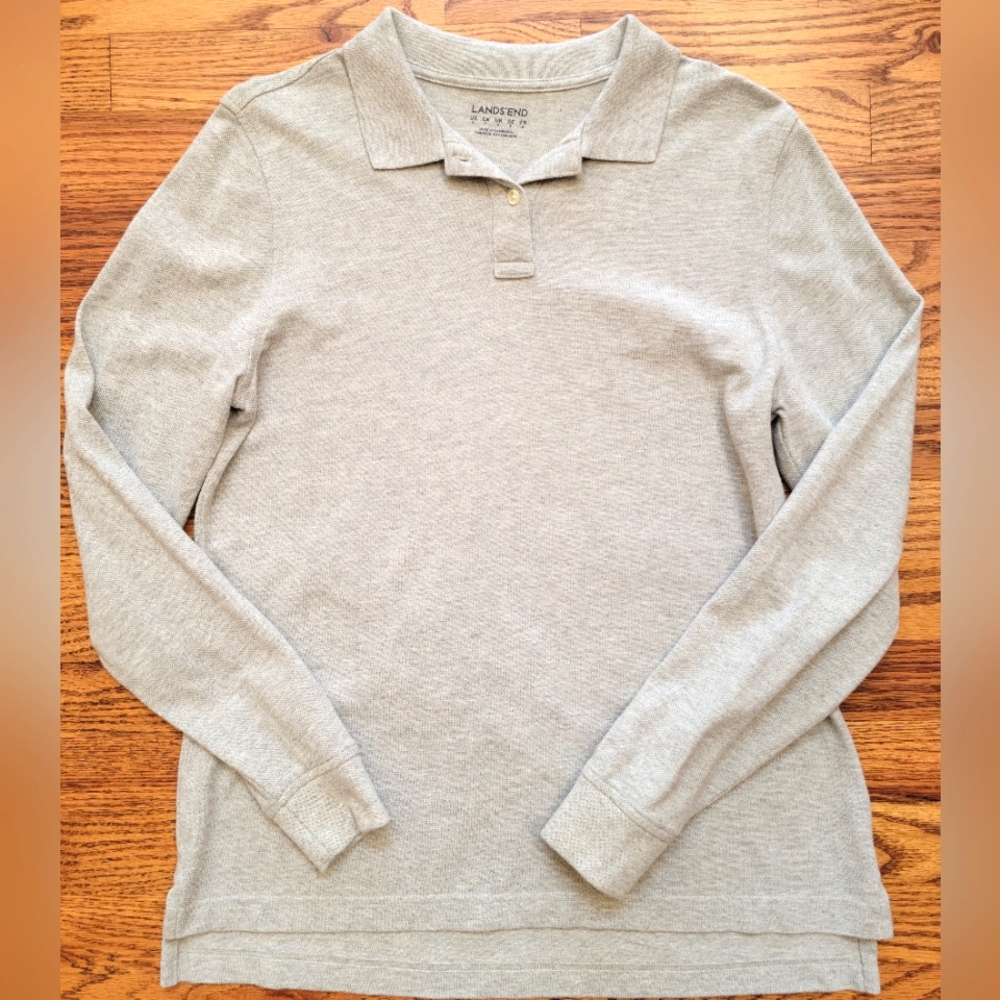 LAND'S END, light gray, long-sleeved polo, size women's small